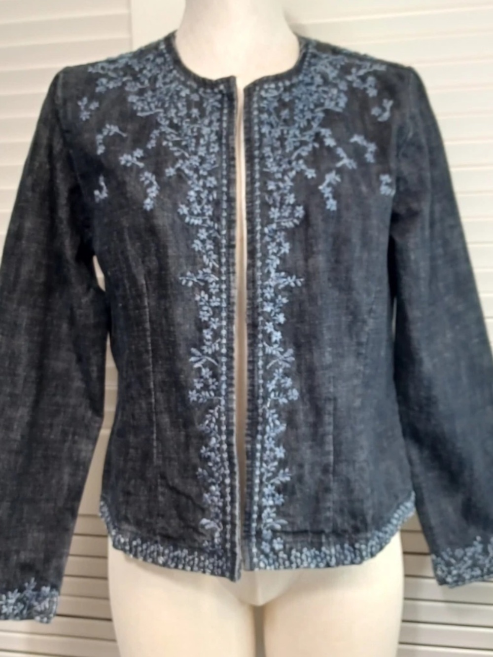 Chico's Dark Denim Jacket with Light Blue Floral Embroidery